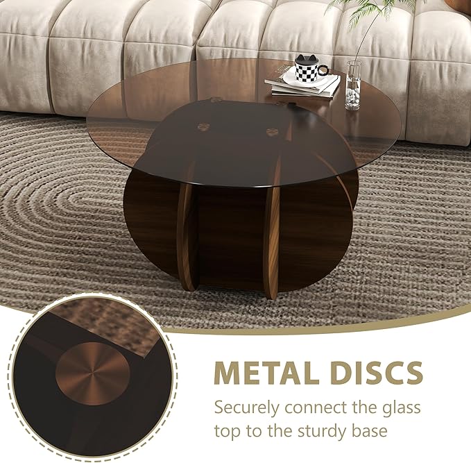 Glass Coffee Table, Round Coffee Table with Petal-Inspired Base, Modern Minimalist Coffee Table for Decoration, Brown Coffee Tables for Living Room, Study Room, Office
