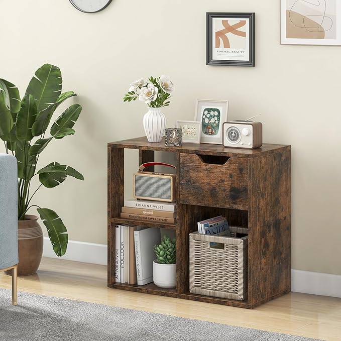 LOKO 3-Cube Bookshelf with Drawer Set of 2, 2-Tier Open Shelf Bookcase, Freestanding Display Shelf, Modern Home Storage Organizer, Shelving Unit for Living Room, Study, Office (1, Rustic Brown)