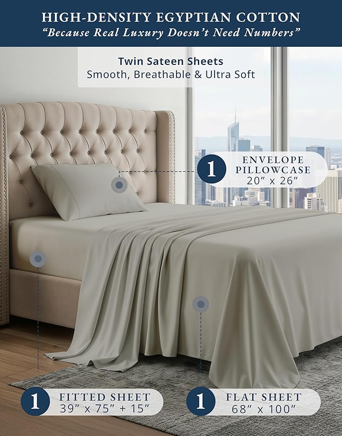 LANE LINEN 100% Egyptian Cotton Twin Sheets Set, Sustainably Produced Luxury Hotel Like Thick Twin Bed Sheets, Naturally Temperature Regulating Machine Washable Cotton Sheets - Silver