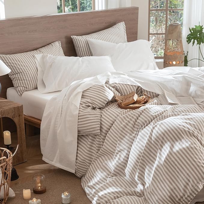 MooMee Bedding Sheet Set 100% Washed Cotton Linen Like Textured Breathable Durable Soft Comfy (Solid Off White, Twin)