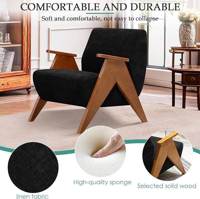 2 Pcs Home Accent Chair Mid Century Modern Accent Chair with Wood Frame, Lounge Upholstered Armchair, Reading Chair, Sturdy Base,For Living Room, Bedroom,Office,Comfy Guest Waiting Room Chairs,Black