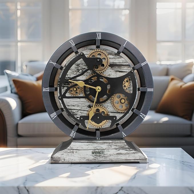 ImprovingLife The Gears Clock Desk Clock 10 inches with Real Moving Gears Convertible into Wall Clock (Grey & White)