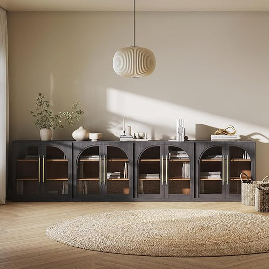BELLEZE Set of 4 Modular Sideboard with Arched Glass Door, 130'' Accent Buffet Cabinet with Storage and Adjustable Shelves,Classic Modern Credenza for Dining Room Living Room Entryway (Ebony)