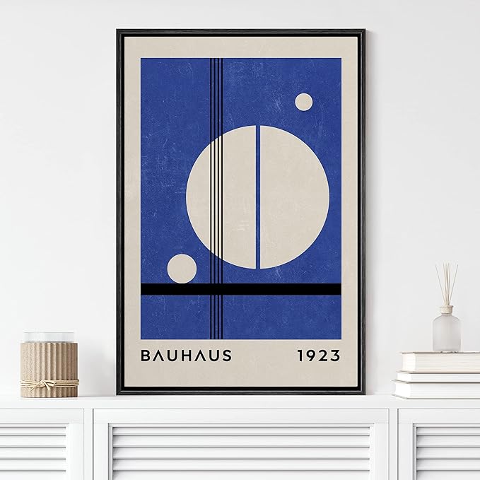 MUDECOR Framed Canvas Print Wall Art Mid-Century Bauhaus 1960s Blue White Circle Shapes Abstract Illustrations Modern Art Multicolor Relax/Calm for Living Room, Bedroom, Office - 16"x24" Black