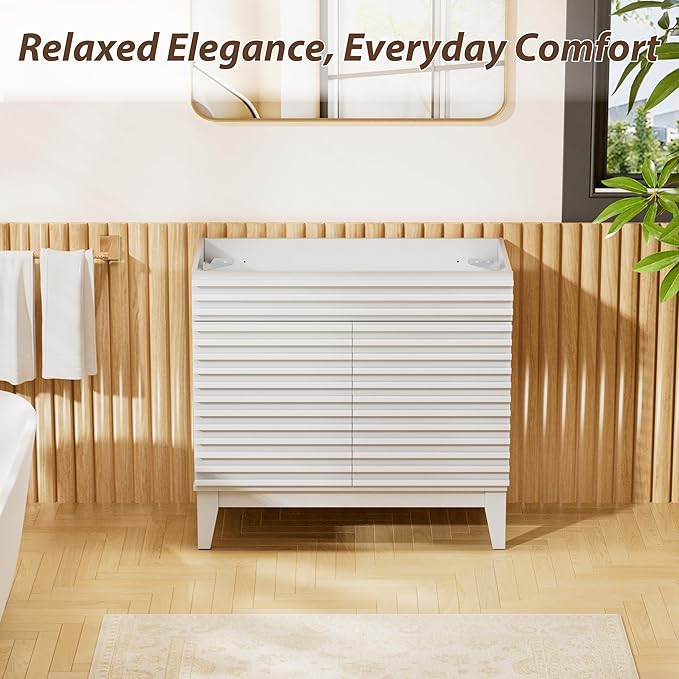 APRILSOUL 36" Bathroom Vanity, Mid-Century Bathroom Vanity Cabinet with 2 Soft Closing Doors, Freestanding Bathroom Cabinet, Particleboard Frame with Wood Grain Laminate, White (Sink Not Included)
