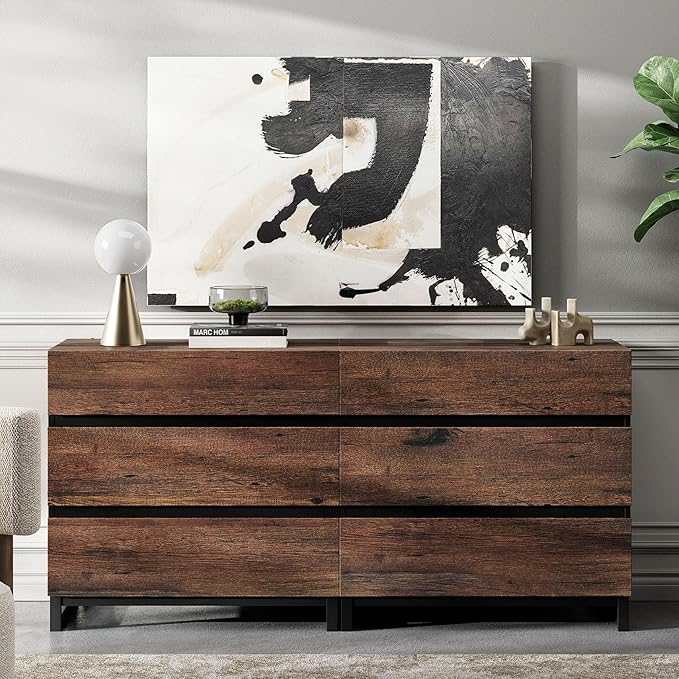 WAMPAT Dresser for Bedroom, Closet Organizers and Storage with 6 Drawers, Chest of Drawers with Metal Base, Modern Wood Dresser for Living Room, Entryway, Brown