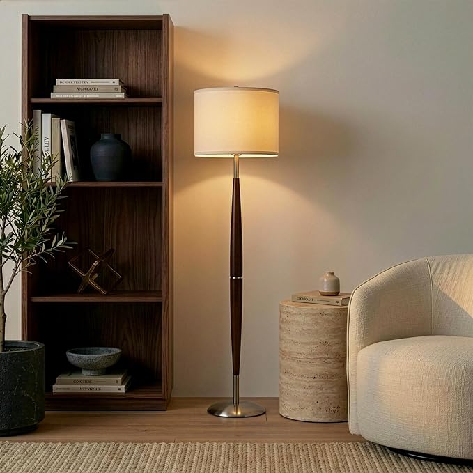Brightech Lucas LED Floor Lamp, Modern Light for Living Rooms & Offices, Great Living Room Décor with Drum Shade & Handsome Wood Finish, Bohemian Standing Lamp for Bedroom Reading