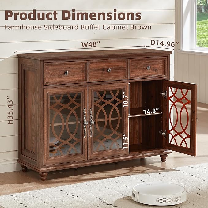 Farmhouse Sideboard Buffet Cabinet with Storage,48" Large Credenza with 3 Glass Doors & 3 Drawers,Adjustable Shelves Console Table,Wood Kitchen Coffee Bar for Dining Room,Living Room,Brown