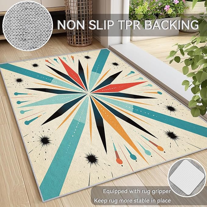 Mid Century Modern Rug 5x6, Washable Retro Sun Rugs for Living Room Bedroom, Atomic Geometric Area Rug for Home Decor, Non Slip Backing Floor Carpet with Gripper - 5 x 6 ft