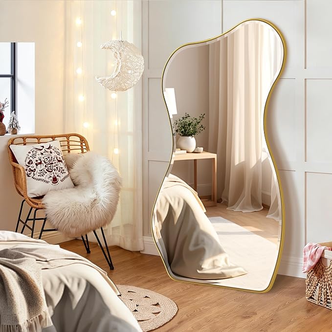 POZINO Large Irregular Beveled Mirror, 63"x32" Asymmetrical Wall Mirror with Metal Frame, Full Length Organic Floor Mirrors for Entryway Living Room Bedroom Hallway, Leaning/Wall-Mount