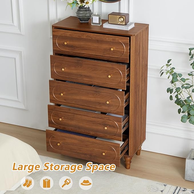 ORRD Fluted 5 Drawer Dresser for Bedroom Set of 2, Modern Mid Century Chest of Drawers, Wood Storage Large Dresser Organizer for Bedroom Living Room Closet Hallway, Walnut
