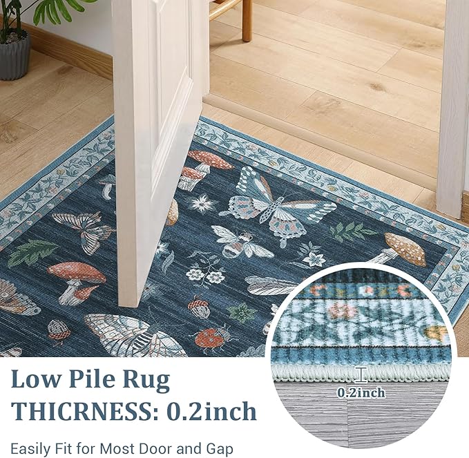 Washable 9x12 Area Rugs Living Room Large Rug Boho Vintage Floral Carpet Soft Bedroom Indoor Floor Mats Non-Slip Farmhouse Rustic Style Carpet for Nursery Dining Room Home Decor Office, Blue