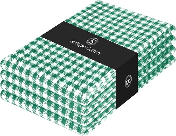 4 Pack Gingham Check Kitchen Dish Towels 16x26 Inches, Absorbent & Durable, Washable, Hand Tea Towels with Hanging Loop - Ideal for Restaurants & Home Kitchens, Green White