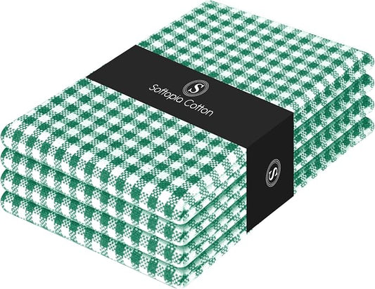 4 Pack Gingham Check Kitchen Dish Towels 16x26 Inches, Absorbent & Durable, Washable, Hand Tea Towels with Hanging Loop - Ideal for Restaurants & Home Kitchens, Green White
