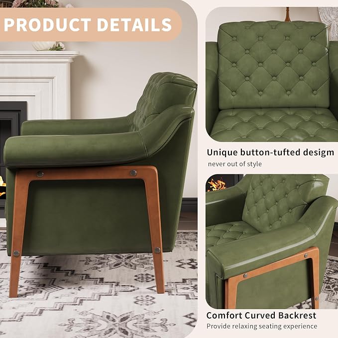 EJUNQ Faux Leather Accent Chair, Mid-Century Modern Armchair, Retro Upholstered Armchair Accent Chair Club Chair for Living Room, Bedroom, Waiting Room, Office, Green
