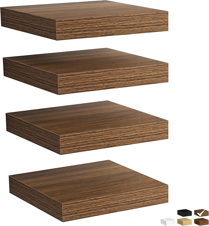Fun Memories Rustic Wood Floating Shelves for Wall, Space-Saving Wall Mounted Shelves for Bathroom, Bedroom, Living Room and Kitchen, Stylish Storage & Display (Set of 4, Walnut, 9.3 in)