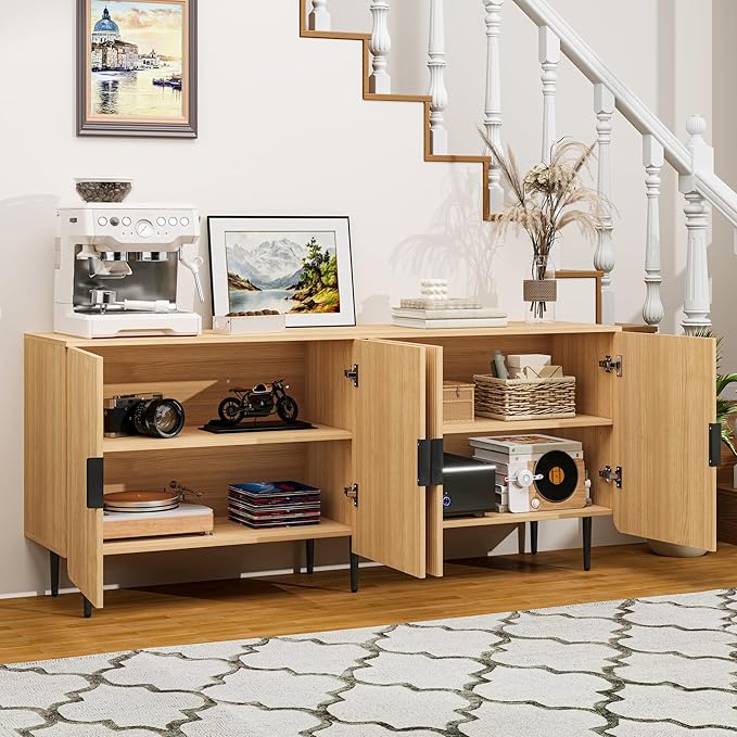 65" Fluted Sideboard Buffet Cabinet with Storage, Console Cabinet with 4 Doors & Adjustable Shelves, Modern Buffet Table for Kitchen Dining Living Room Hallway‌ Entryway, Natural
