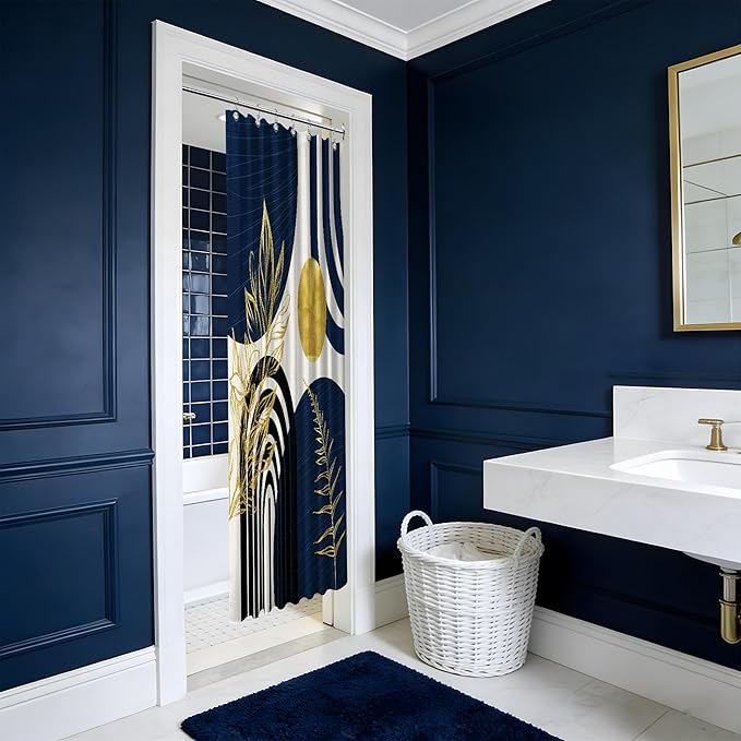 Mid Century Modern Navy Blue Shower Curtain Boho Dark Blue and Gold Leaves Shower Curtains for Mens Bathroom Decor Sets, Waterproof Cloth Fabric with Hooks, 36x72in