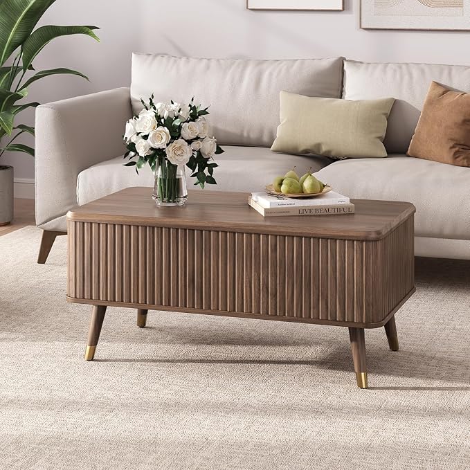 Lift Top Coffee Table with Storage, Mid Century Modern Rectangular Center Table, Fluted Design with Hidden Compartment, Rising Desk for Work from Home, Living Room Furniture, Walnut Finish