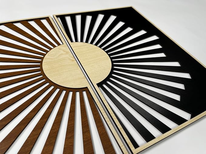 Boho Sun Wood Wall Art Set of 2, Mid Century Modern Sunburst Wall Decor, Celestial Wooden Diptych Panels, Geometric New House Gift for Living Room and Bedroom