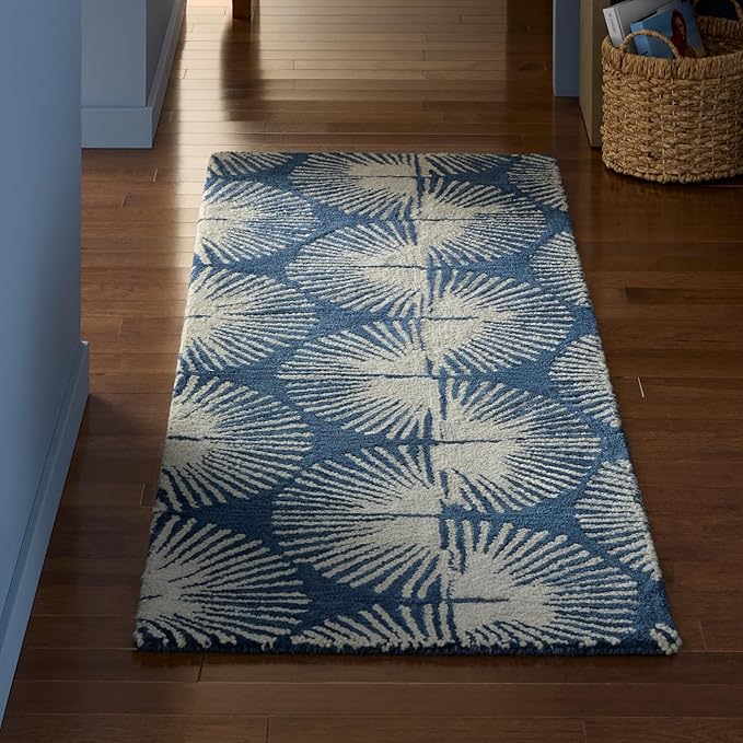 Nicole Miller New York Kendall Fluted Geo Handcrafted Runner Area Rug, 100% Wool Rug, Navy Blue, 2'5"x7"