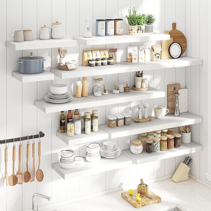 40 Inch Long Floating Shelves for Wall Set of 2, 12"D Wood Grain Bathroom Shelves with Invisible Brackets, Easy Install Engineered Wood Storage Shelves for Kitchen, Living Room, Bedroom, White Finish