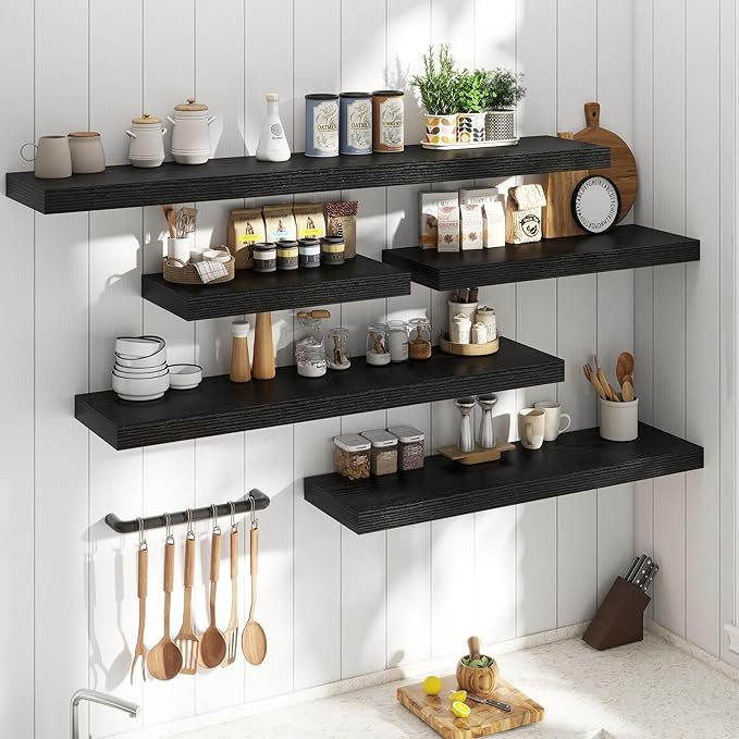 Marsmiles 12" Deep Floating Shelves for Wall with Invisible Brackets, Wall Mounted Engineered Wood Shelves with Wood Grain for Living Room, Bedroom, Kitchen Decor and Storage, 24" L Set of 2, Black