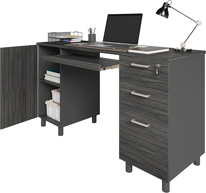 Modern Design Venice Computer Desk with Lockable Drawers, 53 Inch Home Office Desk with Storage Cabinet, Keyboard Tray & Cable Management, Modern Study Writing Desk for Small Spaces, Black and Grey