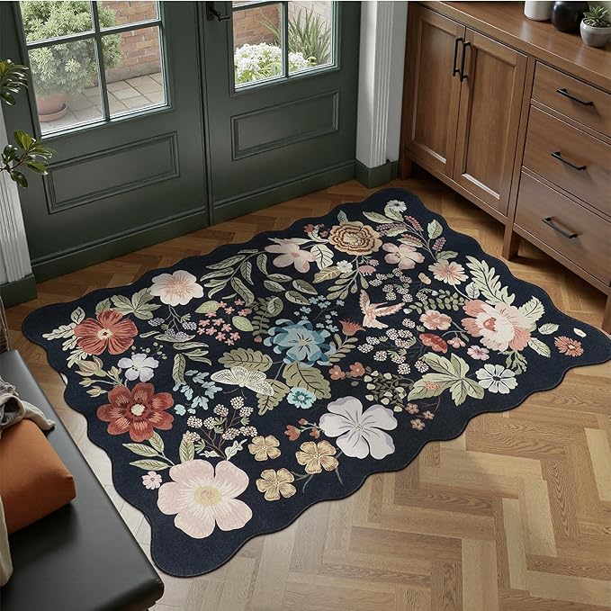 DCX Black Floral Rug 3x5, Washable Black Rug for Living Room, Kid & Pet Friendly with Rubber Back Non Slip, Soft Low Pile Carpet, Stain Resistant Rug for Bedroom, Nursery, Dining Room