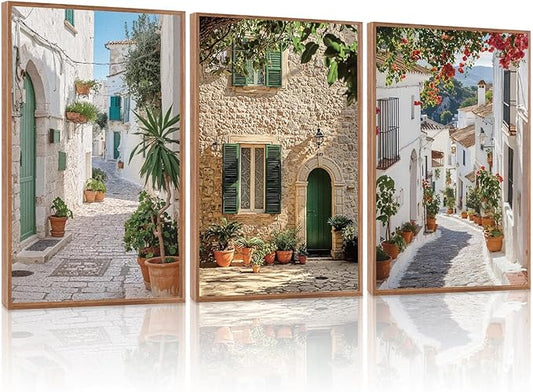 HLNIUC Vintage Italian Countryside Landscape Framed Wall Art,Mediterranean Italy Street Landscape Poster,Modern Europe Street Canvas Painting,Nature Scenery Art Print for Living Room Office-16 x24 x3