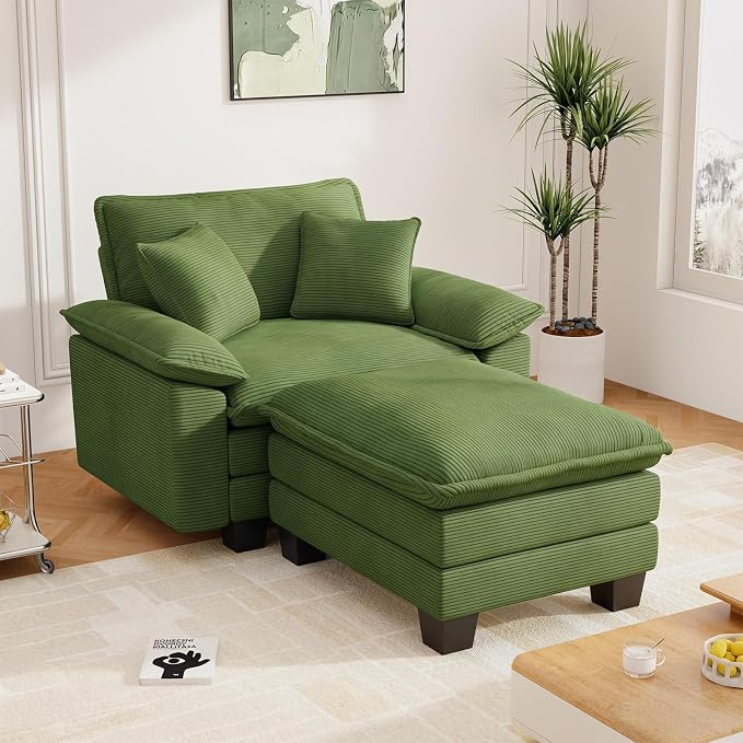 Chaise Lounge Chair Indoor, Oversized Accent Chairs with Ottoman, Luxury Corduroy Upholstered Deep Seat Sleeper Sofa Reading Chairs and A Half with Pillows for Living Room, Bedroom, Apartment, Green