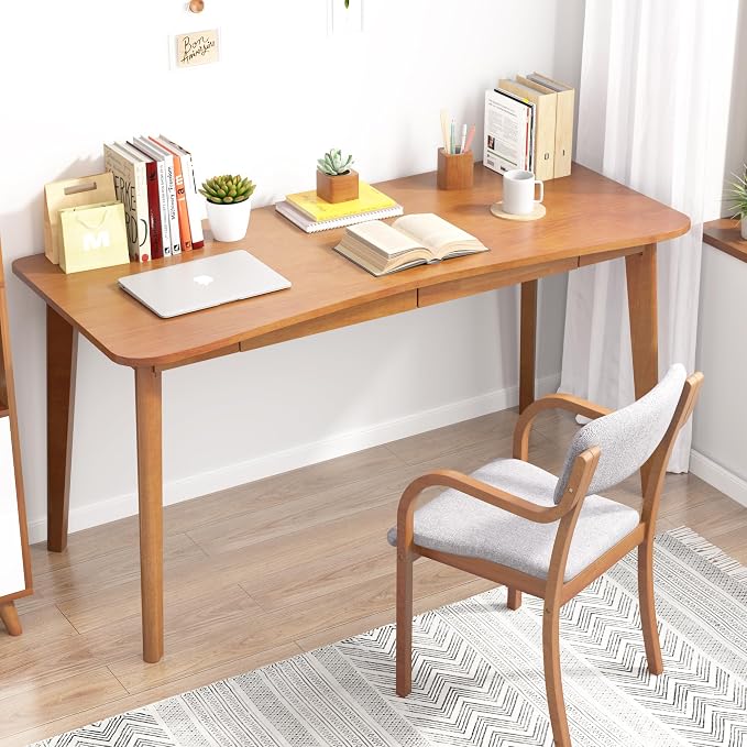 100% Solid Wood Desk with Drawers - 55 x 24 Inch Home Office Computer Desks, Modern Writing Desk with Drawers, Simple Study Table Makeup Vanity - Walnut Vintage Desks