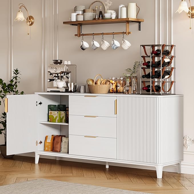 59" Fluted Sideboard Buffet Cabinet with 2 Doors and 3 Drawers, Large Modern Mid Century Buffet Table Coffee Bar Wine Bar Storage Cabinet with Adjustable Shelves for Dining Room, Living Room White