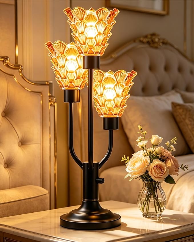 Lightdot Vintage Mid Century Modern Table Lamp for Living Room Dimmable Nightstand Lamp Black Desk Lamp Amber Glass 3 Bulbs Included Warmwhite Ambient Bedside Lamps for Bedroom Home Office Decor Gift