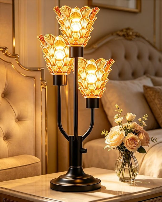 Lightdot Vintage Mid Century Modern Table Lamp for Living Room Dimmable Nightstand Lamp Black Desk Lamp Amber Glass 3 Bulbs Included Warmwhite Ambient Bedside Lamps for Bedroom Home Office Decor Gift