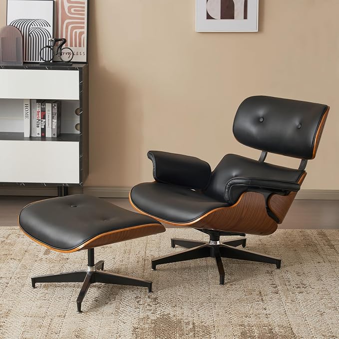 Mid-Century Modern Lounge Chair and Ottoman Set, PU Leather Accent Chair with Wood Finish, Modern Chair Classic Design Recline Swivel Reading Chair Heavy Duty Base Support for Living Room, Office