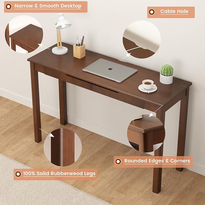 100% Solid Wood Desk with 2 Drawers, 47" Wooden Mid Century Modern Desk, Vintage Writing Desk Computer Table for Home, Office, Bedroom, Living Room