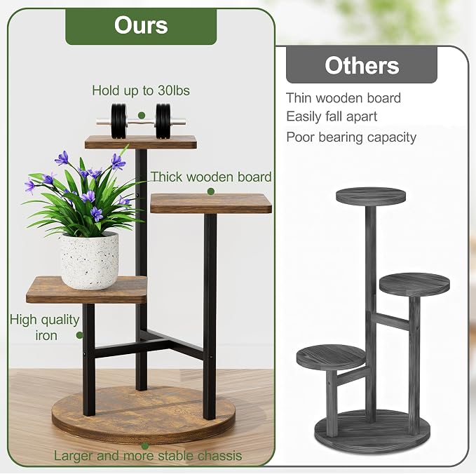 3 Tier Wood Plant Stand Indoor Outdoor, Wood Tall Plant Rack, Heavy Duty Wrought Iron Flower Pot Stand, Planter Display Rack for Living Room Balcony Garden Patio - BlackSquare