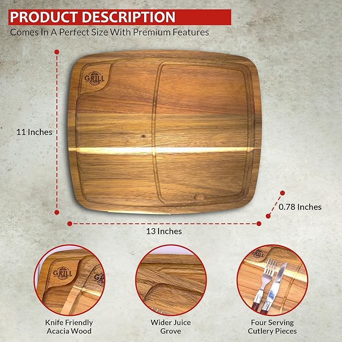 Grill Legacy Wooden Steak Plate Set (2 pack) - Complete Steak Plate for Eating with Premium Steak Knives and Forks - The Ultimate Gift for Steak Lovers.