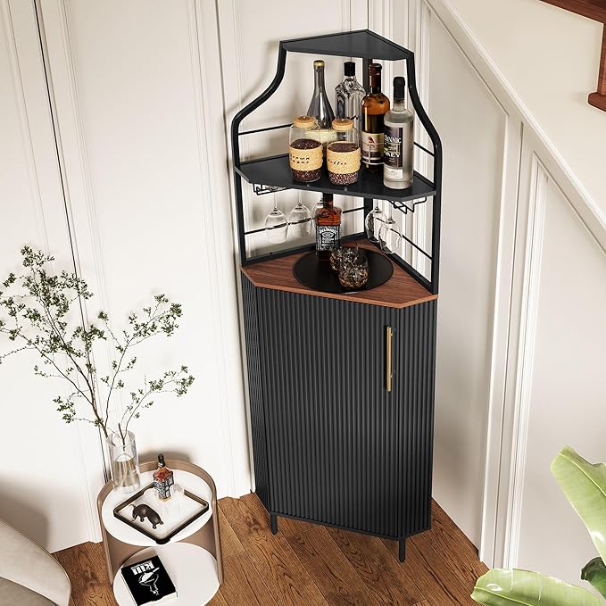 ARTPOWER Corner Bar Cabinet with LED Strip, 4-Tiers Modern Corner Coffee Bar with Glass Holder, Fluted Tall Liquor Cabinet for Kitchen, Dining Room, Living Room, Black