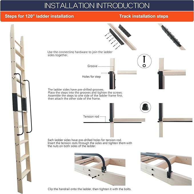 120in Knotty Pine Wood Library Ladder with Black Handrail – 300 lbs Capacity, Unfinished for Painting or Staining