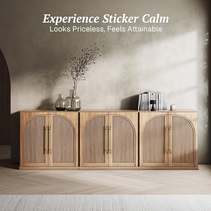 BELLEZE Set of 3 Modular Sideboard with Double-Arc Wood Doors, 97'' Arched Buffet Cabinet with Storage and Adjustable Shelves, Classic Modern Credenza for Dining Room Living Room Entryway (Camel)
