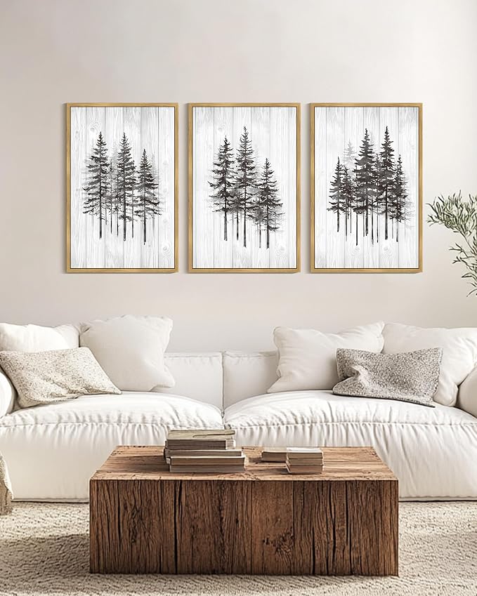 KUVIOKE Woodcut Pine Tree Framed Wall Art Nature Abstract Forest Wall Decor Rustic Minimalist Painting for Bedroom Dining Room 24x36in (Natural Framed)