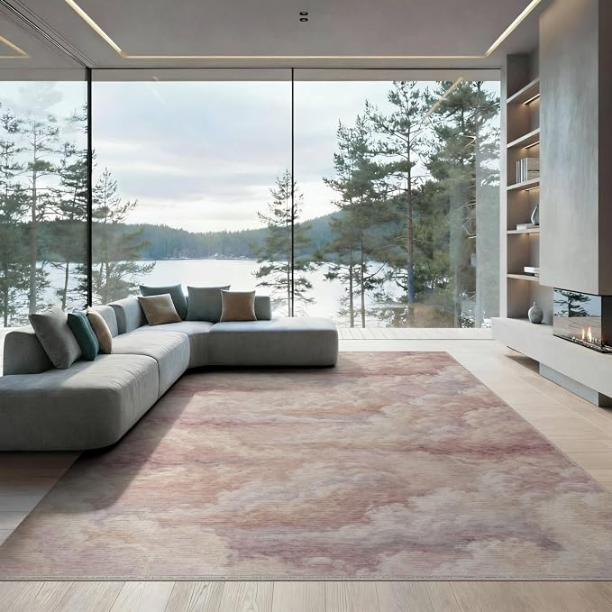 8'x10' Washable Flatwoven Rug, Cream Watercolor Abstract Stain Resistant Extra Large Carpet Non-Slip Chair-Friendly Mat for Dining Room, Large Office, Lounge | Ref:2208254