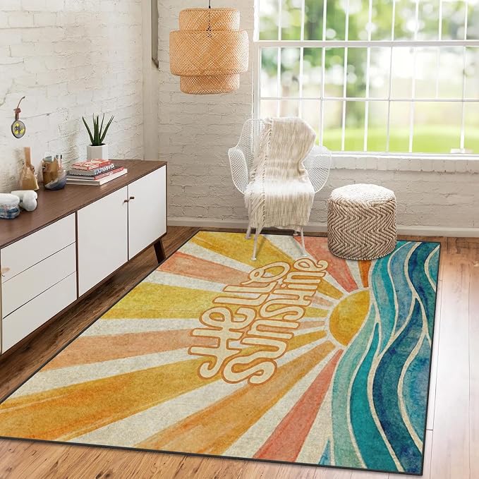 Area Rugs 5'x7' Washable Rug, Retro Sunshine Boho Stain Resistant Non Slip Backing Groovy Summer Carpet for Living Room Bedroom Dining Room