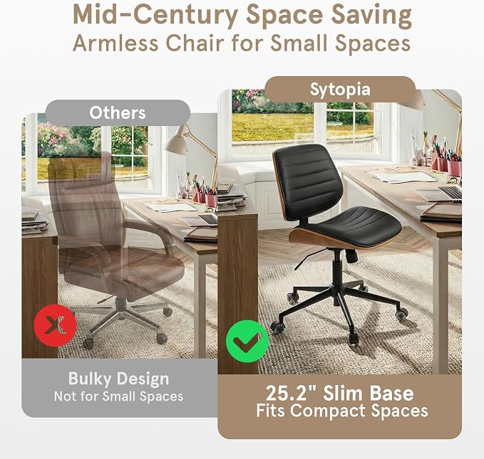 Sytopia Small Desk Chair for Home Office, Adjustable Height Swivel Armless Office Chair No Arms, Mid Century Modern Chair with Wheels, Walnut Wooden Sturdy Furniture, Easy Assembly, Vintage Black