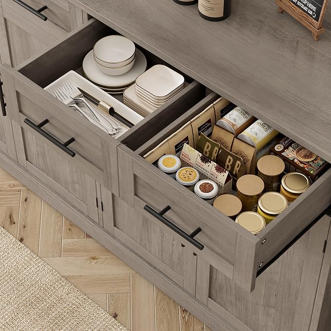 HOSTACK 60" Large Buffet Sideboard with Storage, 36" Tall Kitchen Buffet Storage Cabinet with 4 Drawer, Modern Coffee Bar Cabinet with Black Handle, Long Sideboard Table for Living Room, Ash Gray