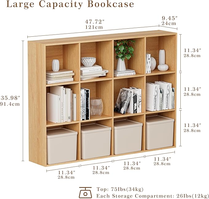 VDNEND Wooden Cube Storage Organizer with Closed Back Panel, 11in Cube Shelf Opening, Bookshelf, Display Shelf,Closet Cabinet for Home and Office (Natural Oak, 12-Cube 35.98L*9.45W*47.72H)