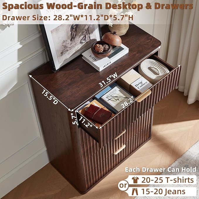 LEYAOYAO Fluted 5 Drawers Dresser Set of 2, 41" Tall Modern Chest of Drawers with Metal Handle, Curved Profile Dresser TV Stand, Wooden Drawer Organizer for Bedroom, Living Room, Hallway, Walnut