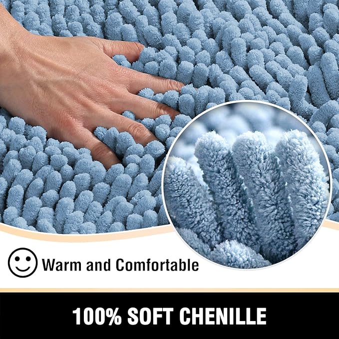 H.VERSAILTEX Bath Mat Non Slip Chenille Bathroom Rug 20x32 Extra Soft Absorbent Shaggy Plush Area Carpet Mat for Tub - Cool Blue